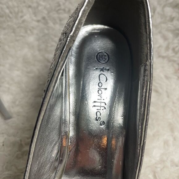 Coloriffics fabric white lace & silver iridescent silver platform heels SZ8.5 - Picture 11 of 11